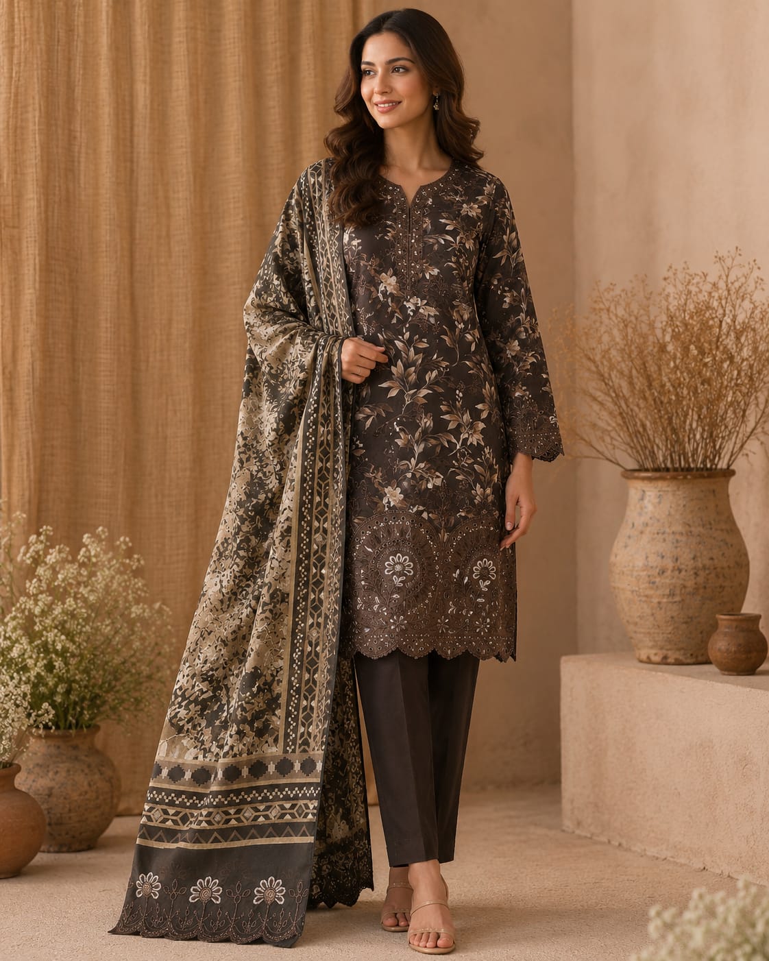Laser Embroidered Lawn Unstitched Suit – 3 Piece
